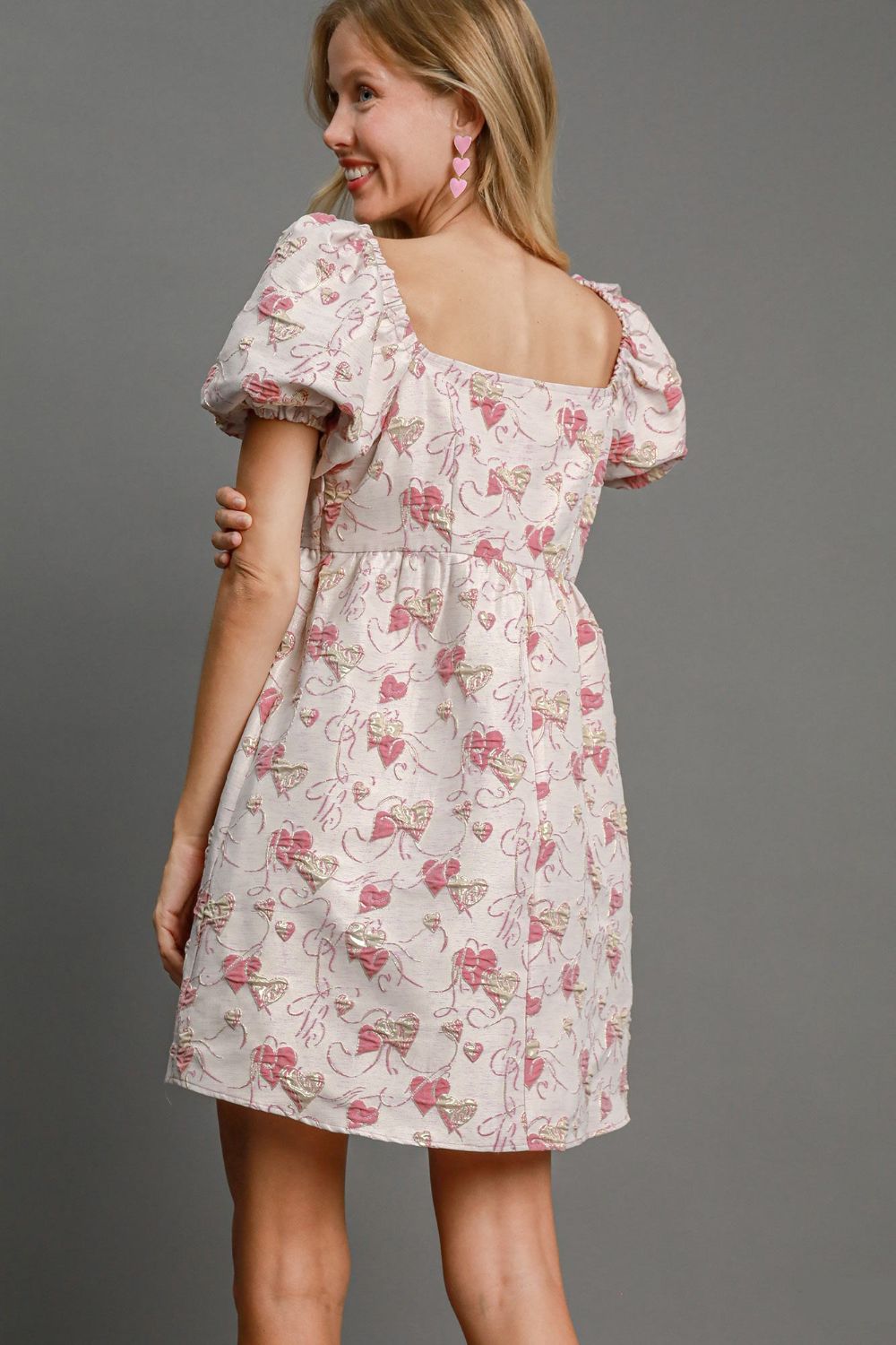 UMGEE - Pink Jacquard Heart Pattern Puff Sleeve Mini Dress