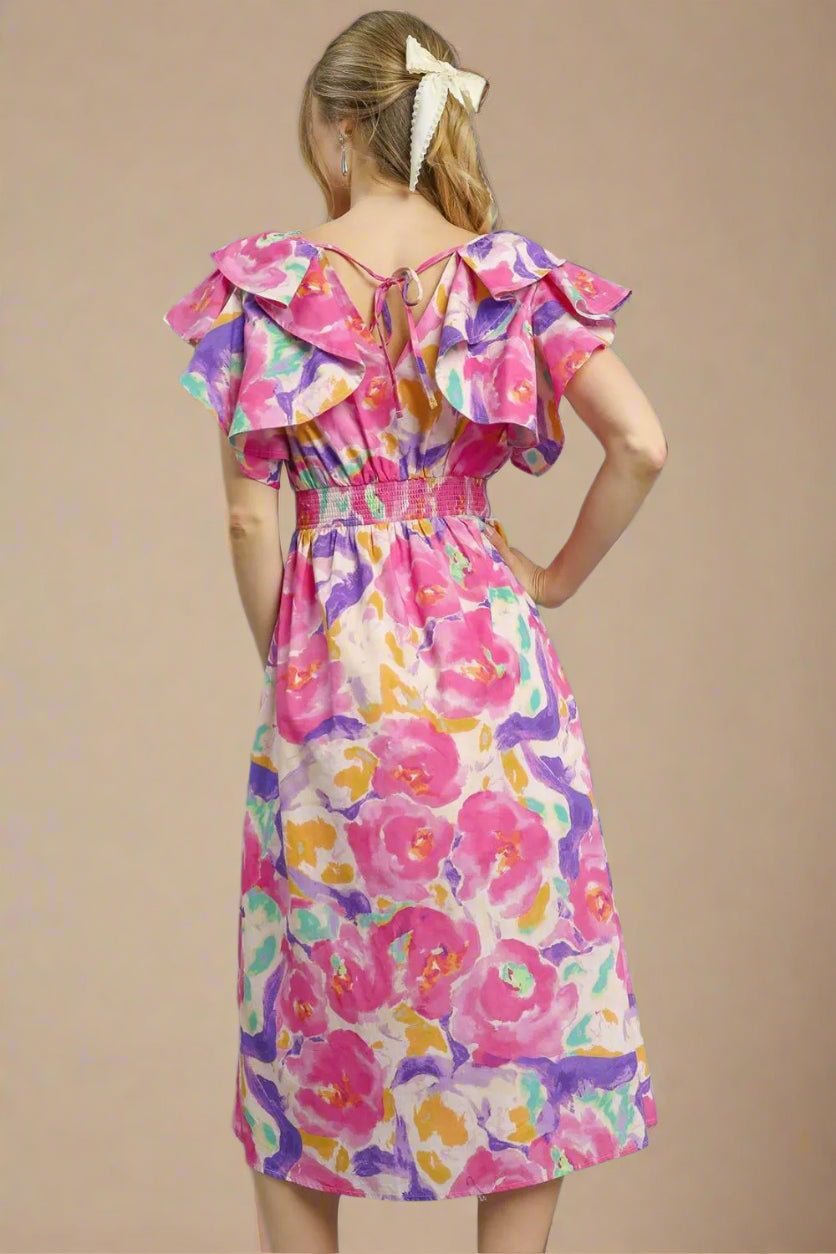 UMGEE - Pink Multicolor Floral Ruffle Sleeve Midi Dress