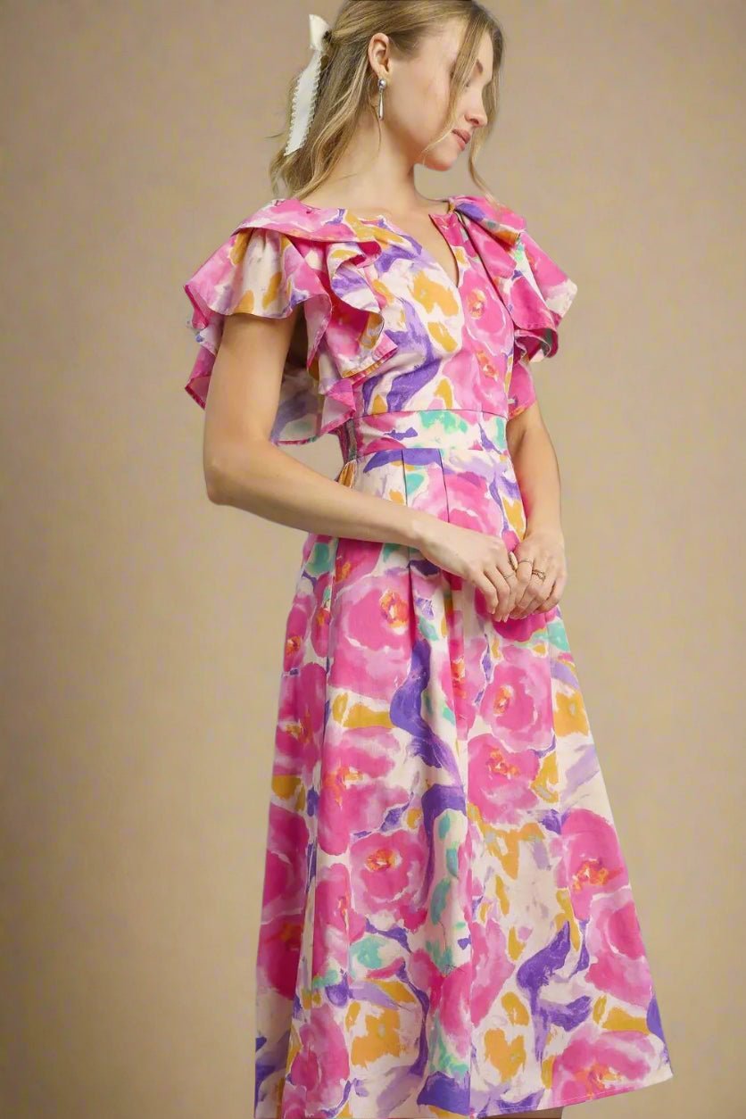 UMGEE - Pink Multicolor Floral Ruffle Sleeve Midi Dress