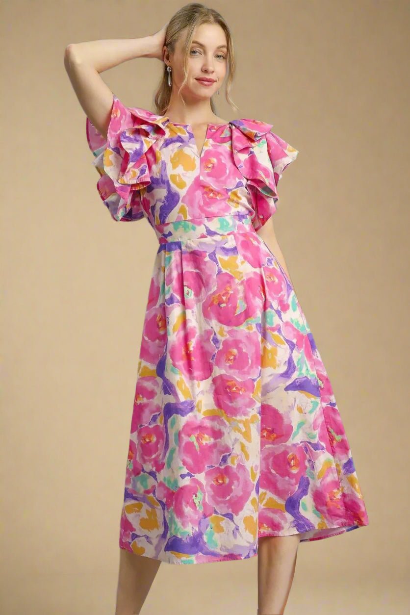UMGEE - Pink Multicolor Floral Ruffle Sleeve Midi Dress