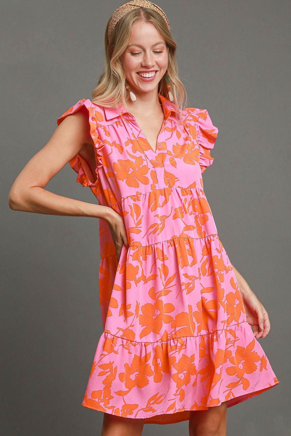 UMGEE - Pink - Orange Floral Print Ruffle Cap Sleeve Tiered Mini Dress