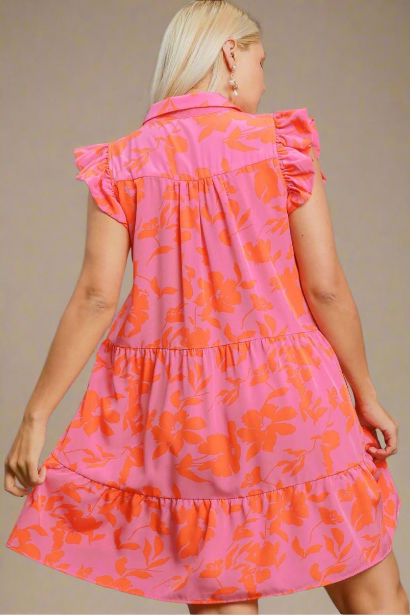 UMGEE - Pink - Orange Floral Print Ruffle Cap Sleeve Tiered Mini Dress