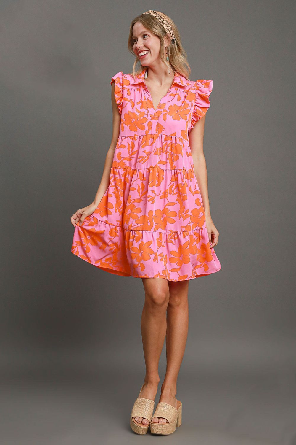 UMGEE - Pink - Orange Floral Print Ruffle Cap Sleeve Tiered Mini Dress