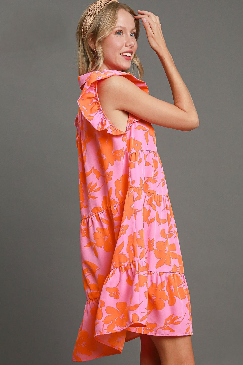 UMGEE - Pink - Orange Floral Print Ruffle Cap Sleeve Tiered Mini Dress