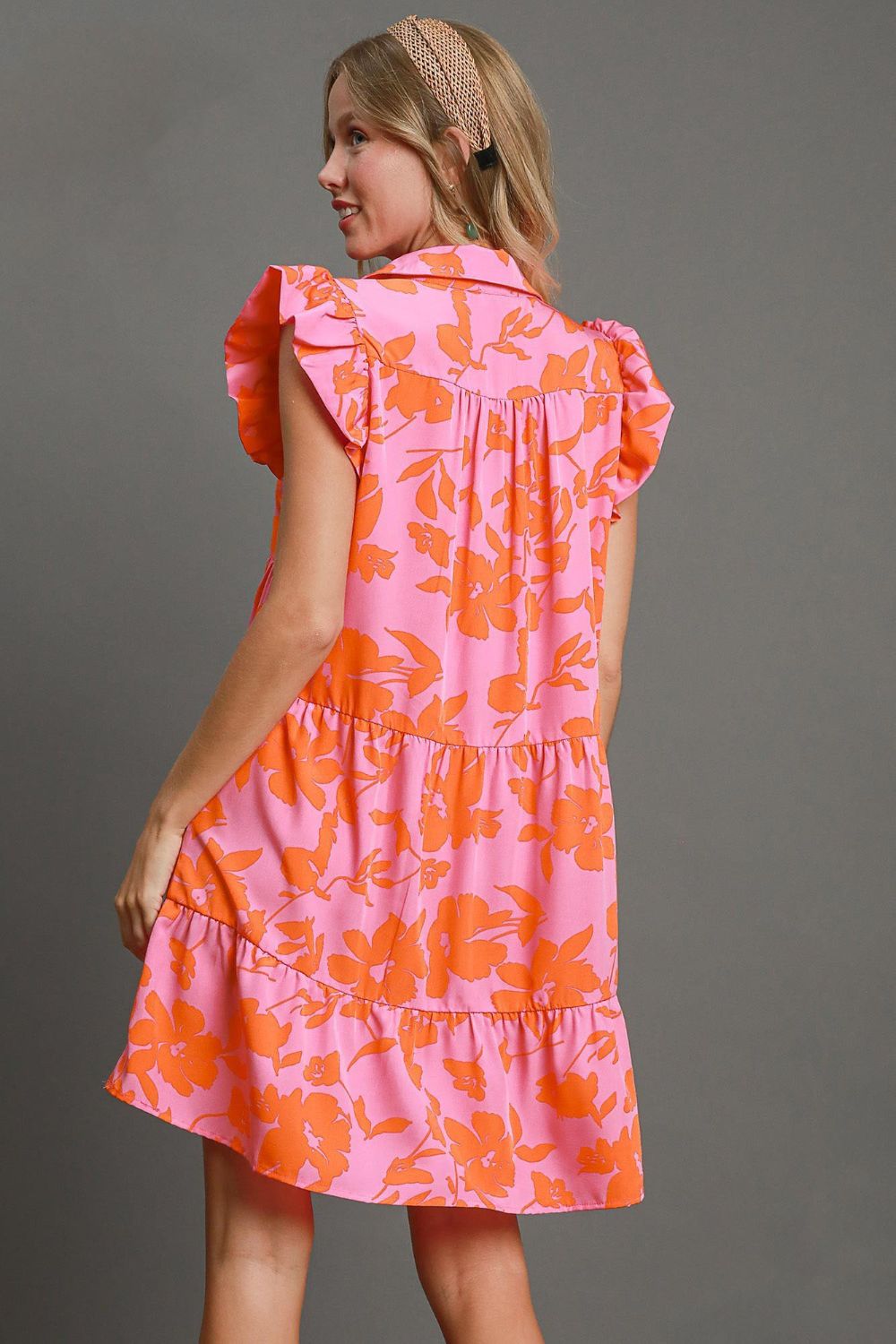 UMGEE - Pink - Orange Floral Print Ruffle Cap Sleeve Tiered Mini Dress