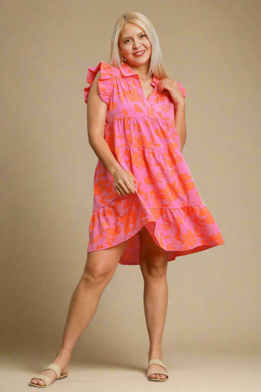 UMGEE - Pink - Orange Floral Print Ruffle Cap Sleeve Tiered Mini Dress