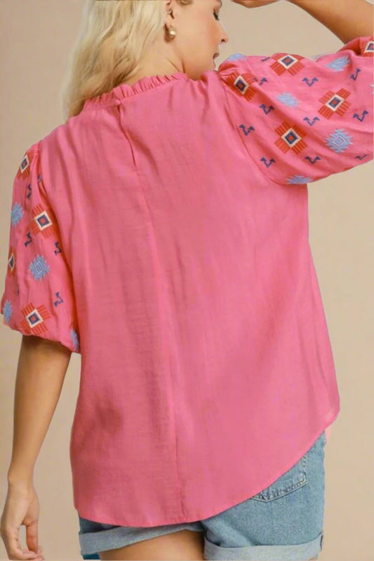 UMGEE - Pink Puff Sleeve Embroidered Blouse with Aztec Accents