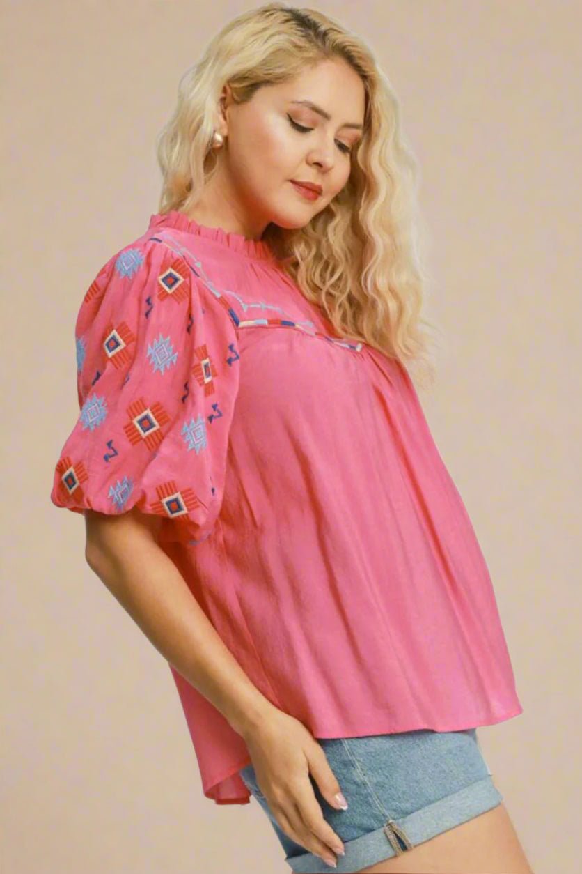 UMGEE - Pink Puff Sleeve Embroidered Blouse with Aztec Accents