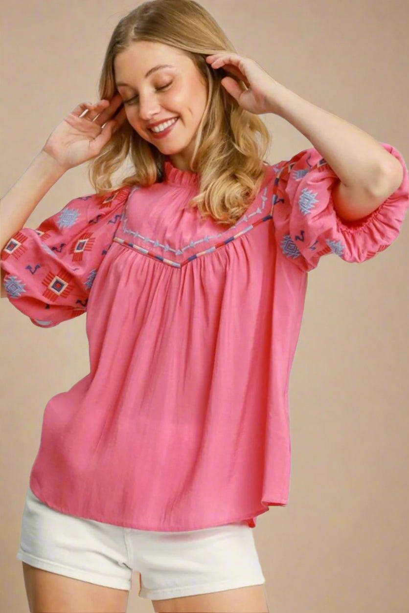 UMGEE - Pink Puff Sleeve Embroidered Blouse with Aztec Accents
