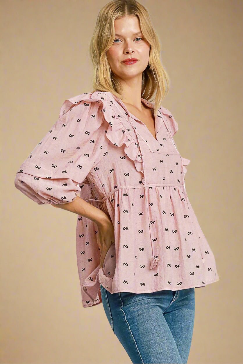 UMGEE - Pink Ruffle Bow Print Peasant Top