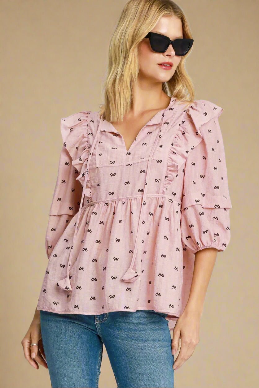 UMGEE - Pink Ruffle Bow Print Peasant Top