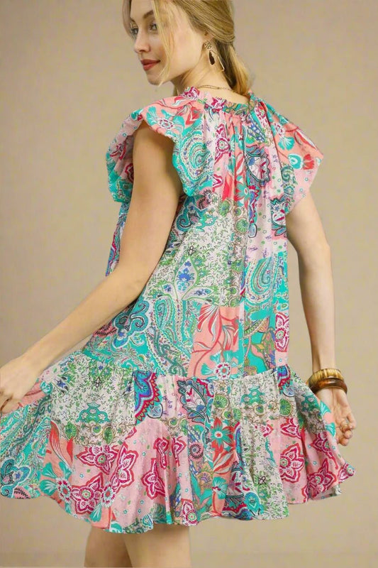 UMGEE - Pink & Teal Paisley Patchwork Ruffle Hem Mini Dress