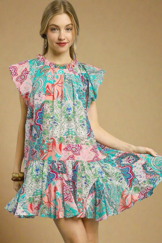 UMGEE - Pink & Teal Paisley Patchwork Ruffle Hem Mini Dress
