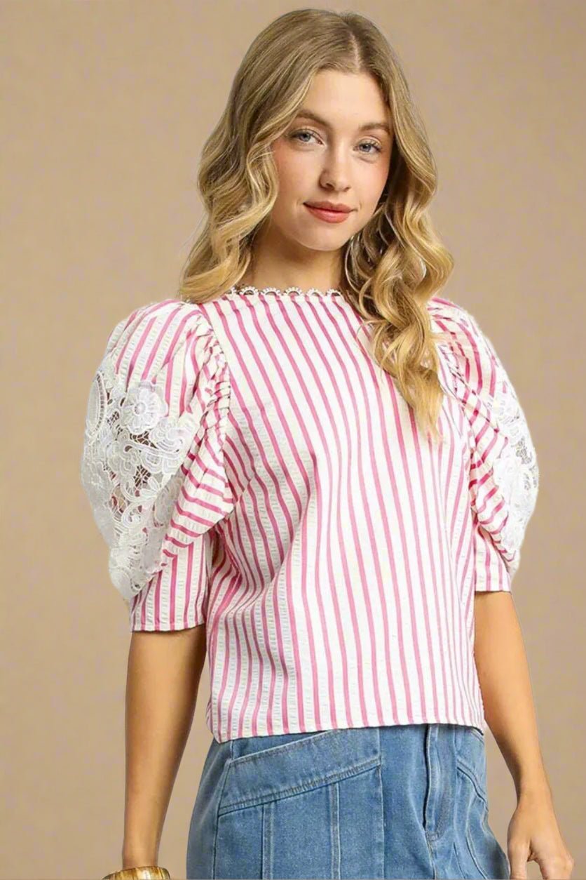 UMGEE - Pink & White Striped Puff Sleeve Lace Top