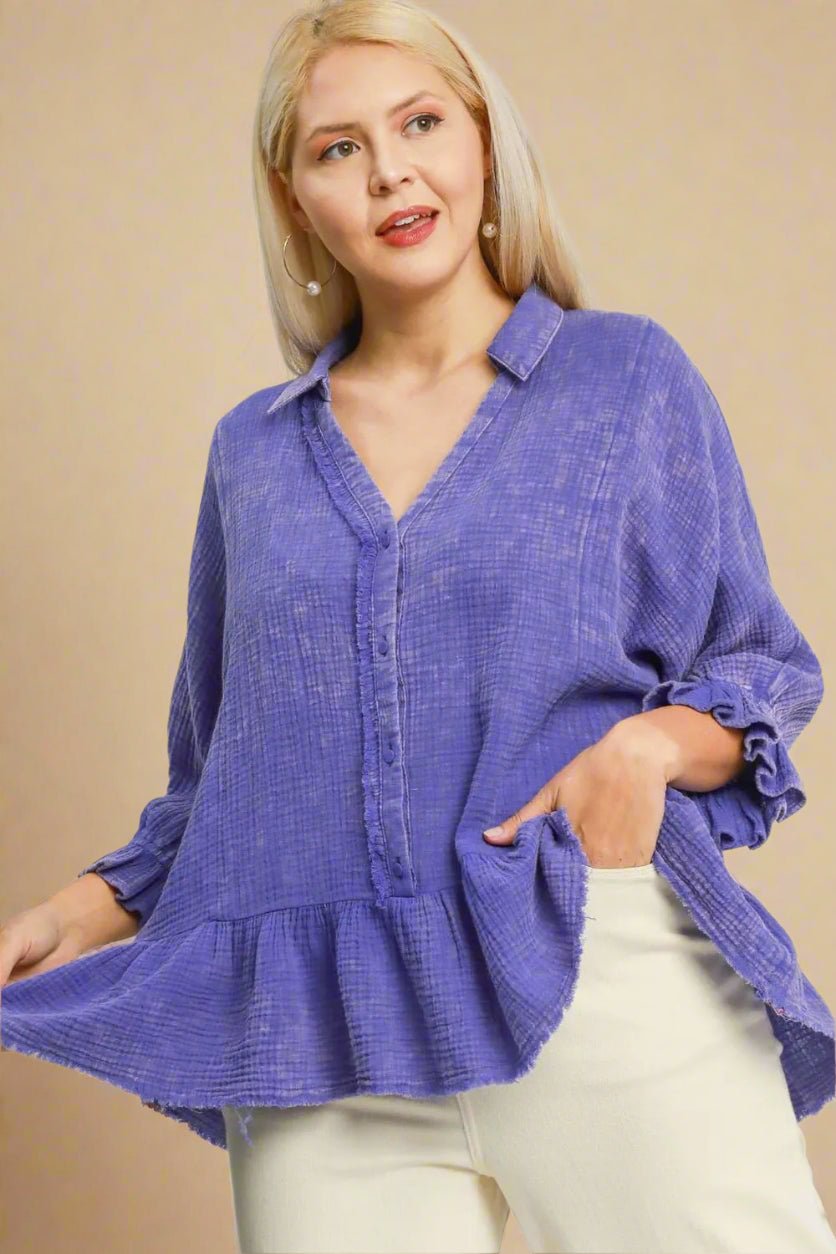 UMGEE - Plus Size Wisteria Gauze Peplum Button Blouse