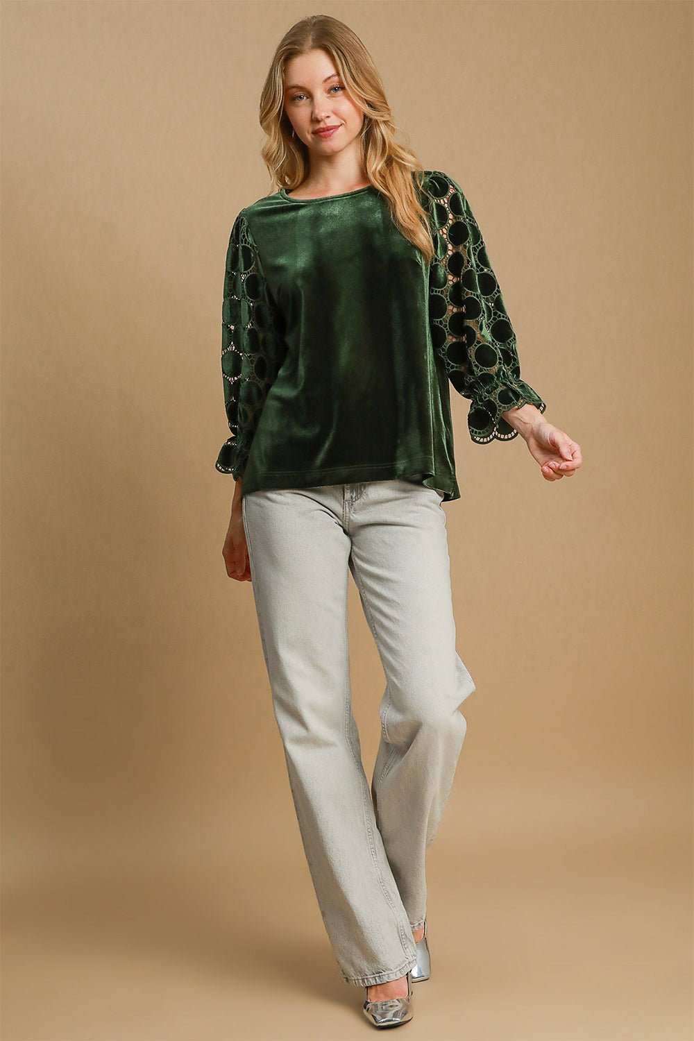 UMGEE - Polka Dot Lace Long Sleeve Velvet Blouse in Olive