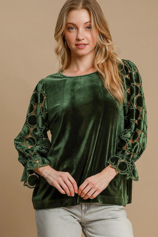 UMGEE - Polka Dot Lace Long Sleeve Velvet Blouse in Olive