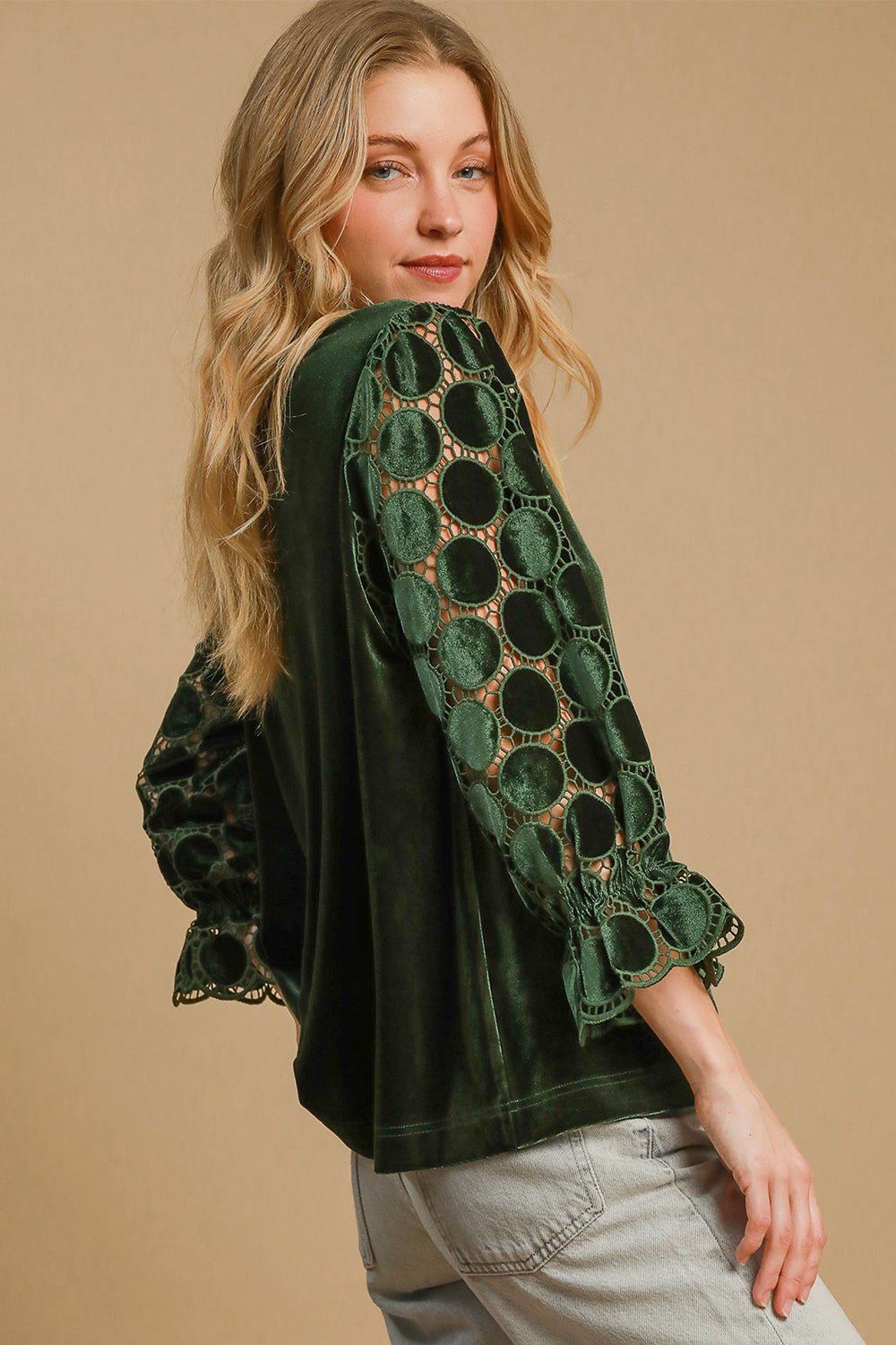 UMGEE - Polka Dot Lace Long Sleeve Velvet Blouse in Olive