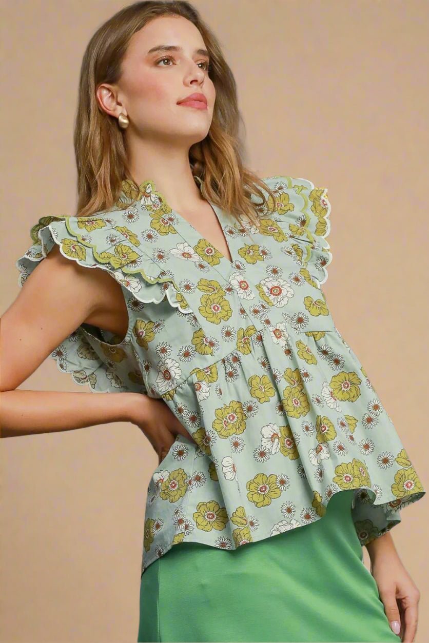 UMGEE - Poppy Garden Ruffle Blouse – Sage Mix