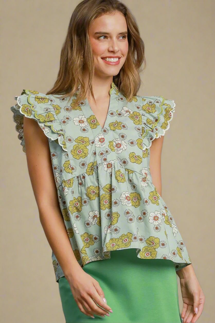 UMGEE - Poppy Garden Ruffle Blouse – Sage Mix