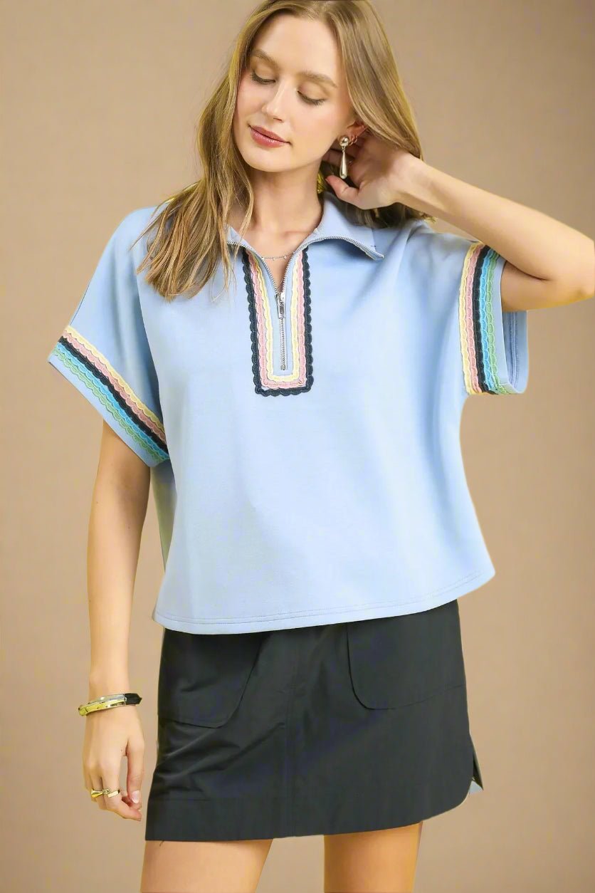 UMGEE - Powder Blue Rainbow Trim Half Zip Top
