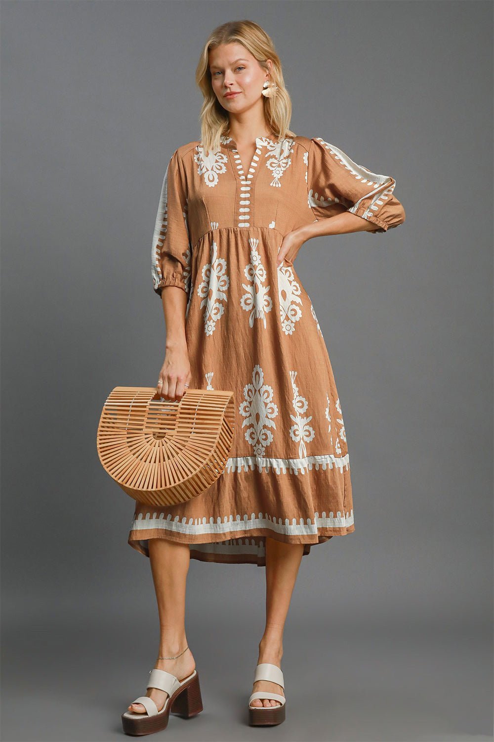 UMGEE - Printed Half Sleeve Midi Dress in Mocha