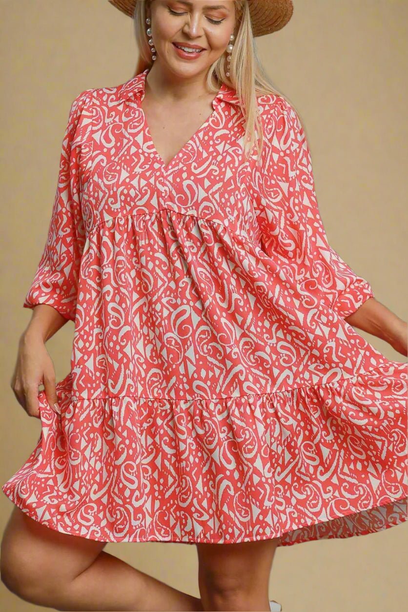 UMGEE - Printed Tiered Mini Swing Dress in Coral