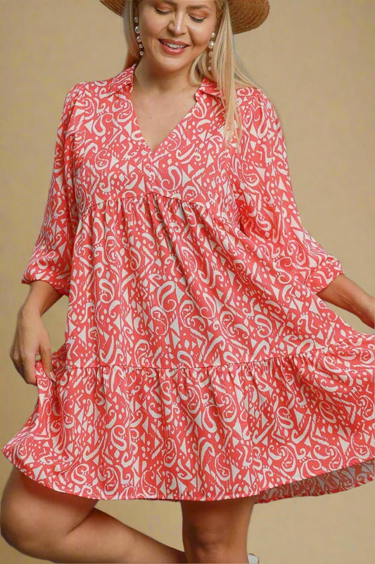 UMGEE - Printed Tiered Mini Swing Dress in Coral