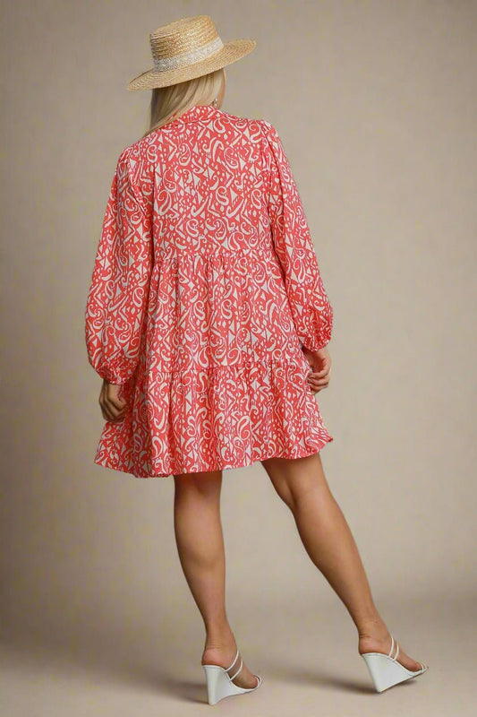 UMGEE - Printed Tiered Mini Swing Dress in Coral