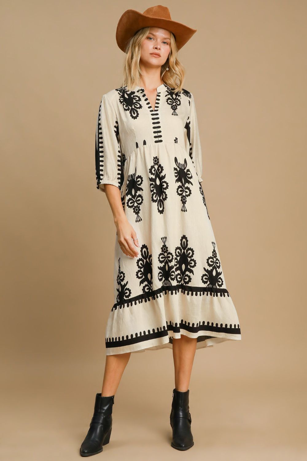 UMGEE - Printed V - Neck Midi Dress in Cream