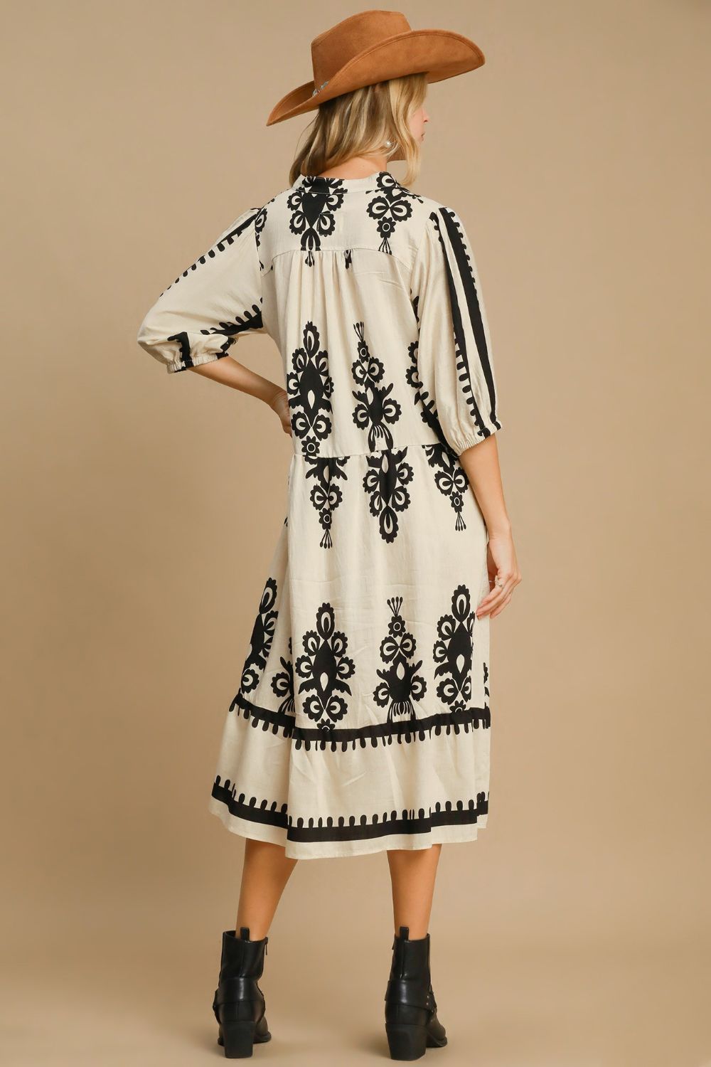 UMGEE - Printed V - Neck Midi Dress in Cream