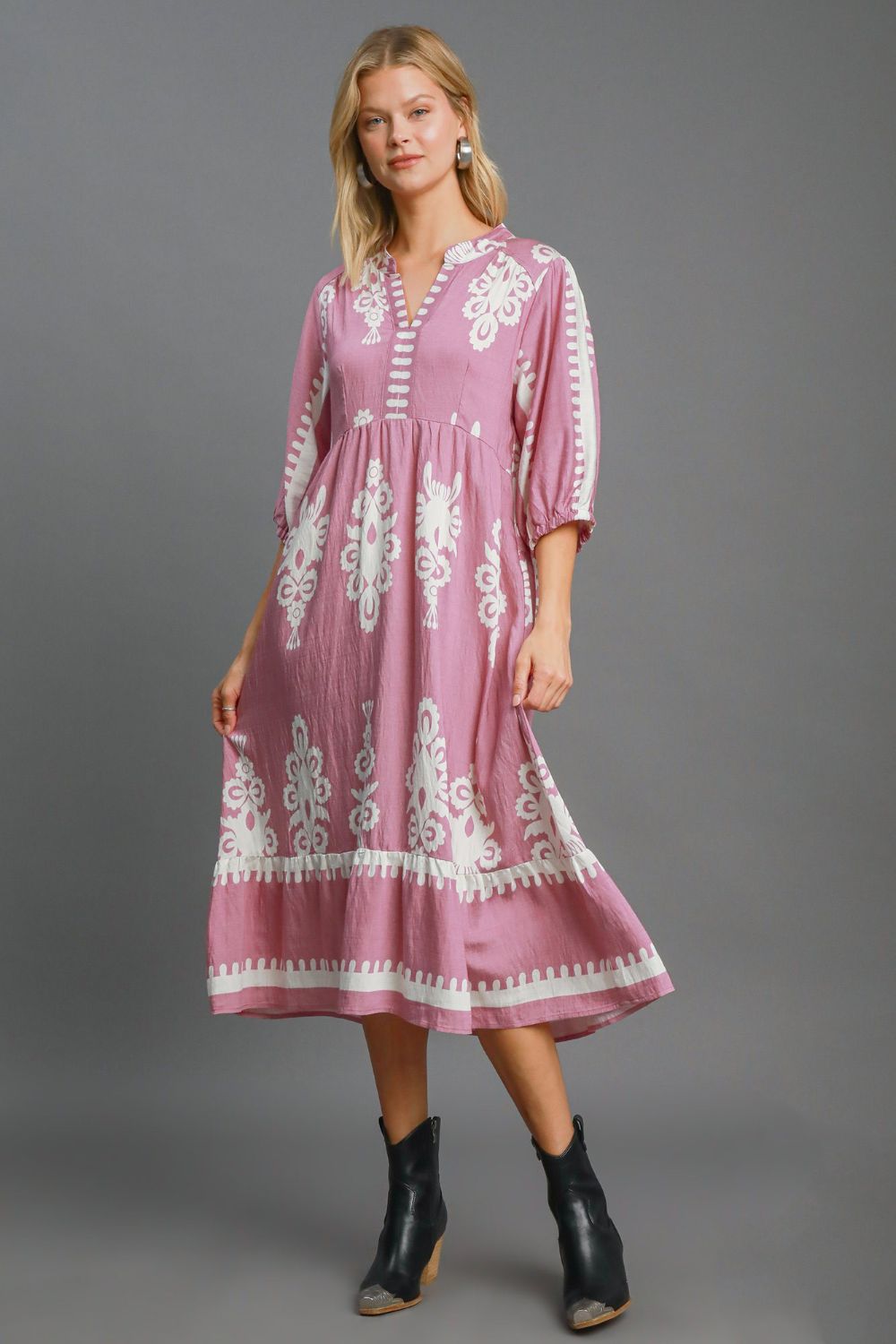 UMGEE - Printed V - Neck Midi Dress in Light Mauve