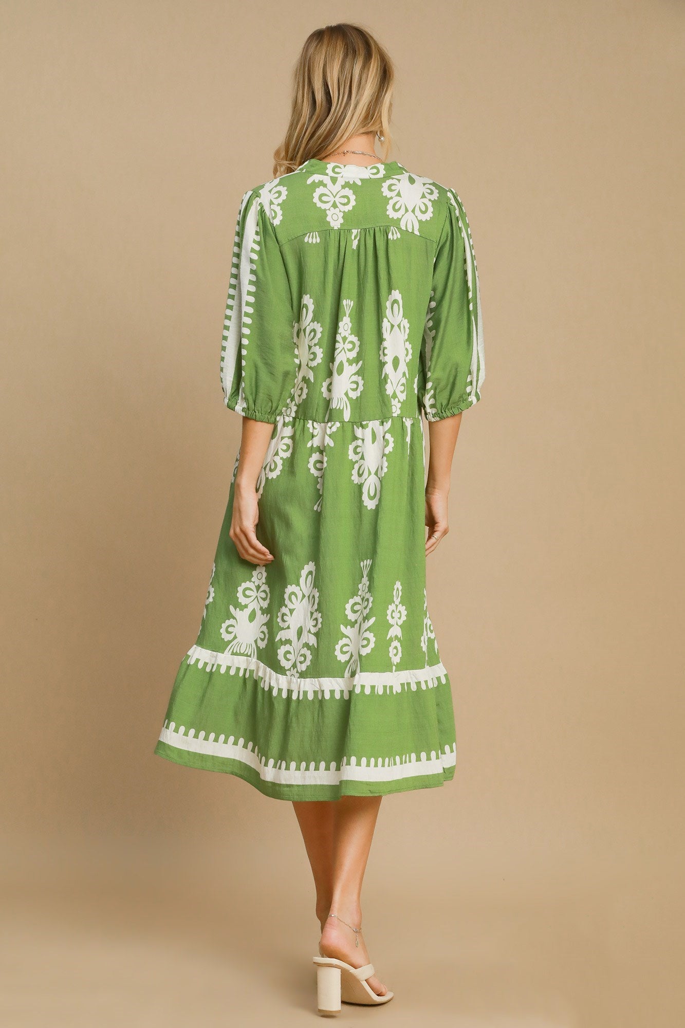 UMGEE - Printed V - Neck Midi Dress in Lime