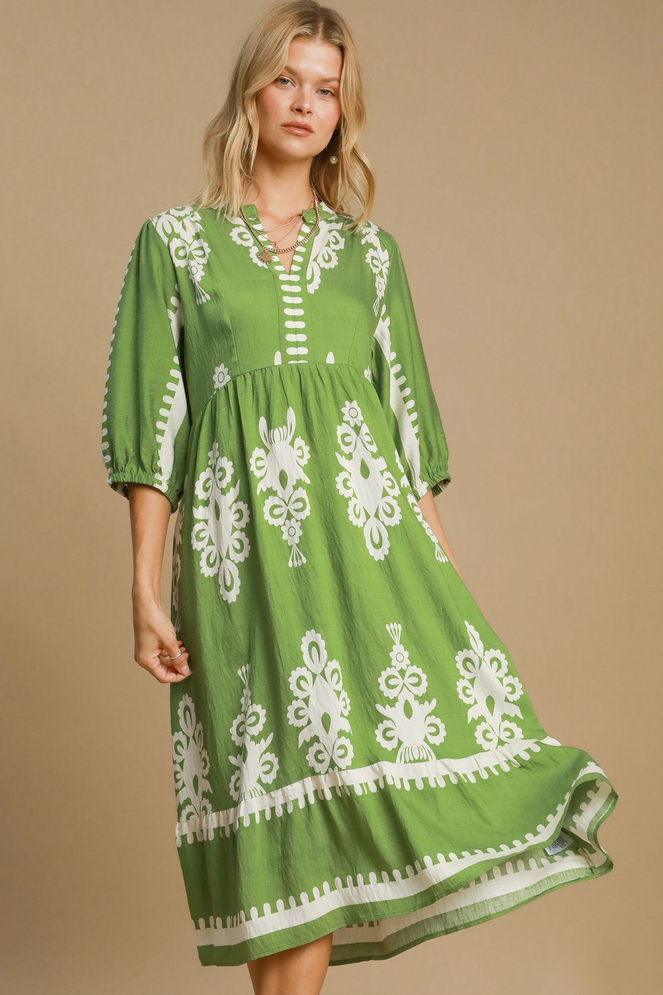 UMGEE - Printed V - Neck Midi Dress in Lime