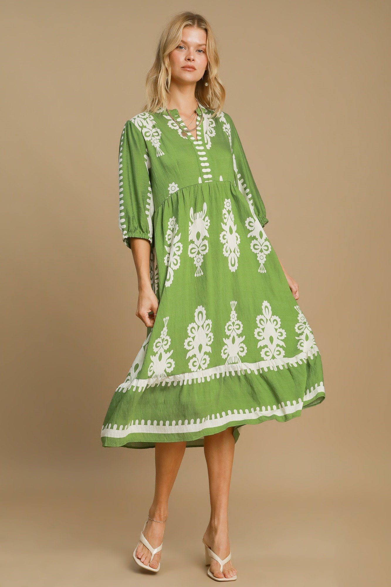 UMGEE - Printed V - Neck Midi Dress in Lime