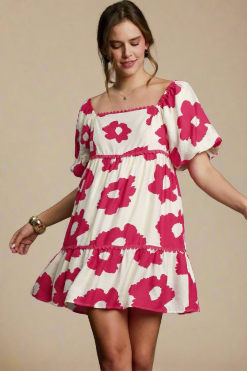 UMGEE - Raspberry Bloom Puff Sleeve Mini Dress