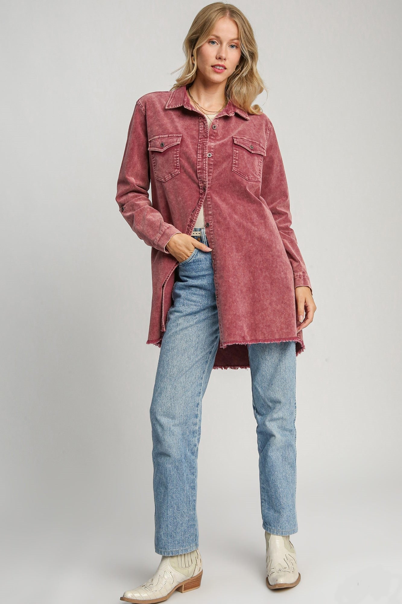 UMGEE - Raw Hem Button Down Denim Jacket in Wine