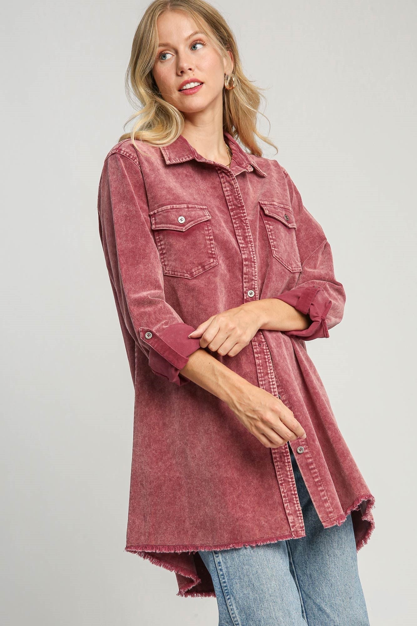 UMGEE - Raw Hem Button Down Denim Jacket in Wine