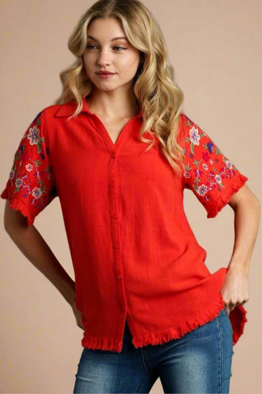 UMGEE - Red Embroidered Frayed - Edge Button - Up Top