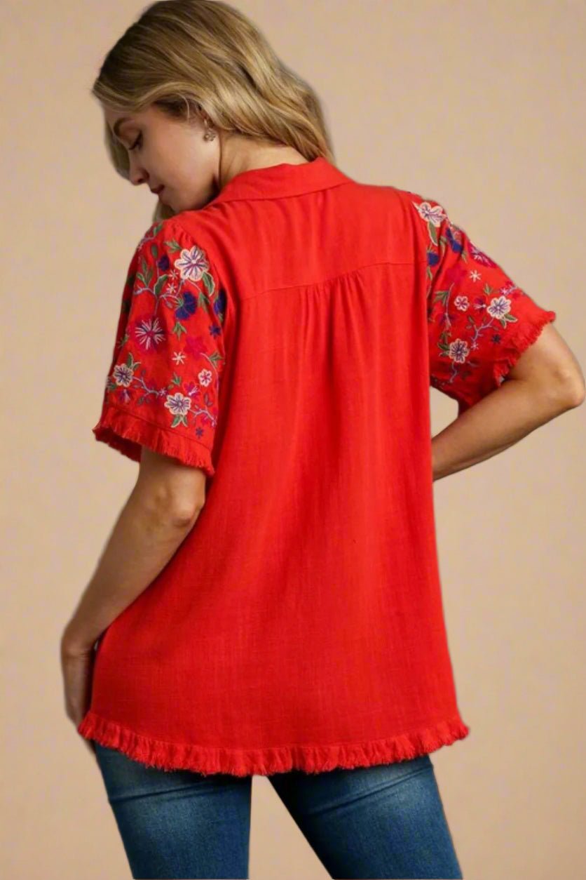 UMGEE - Red Embroidered Frayed - Edge Button - Up Top
