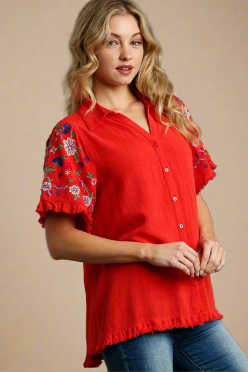 UMGEE - Red Embroidered Frayed - Edge Button - Up Top