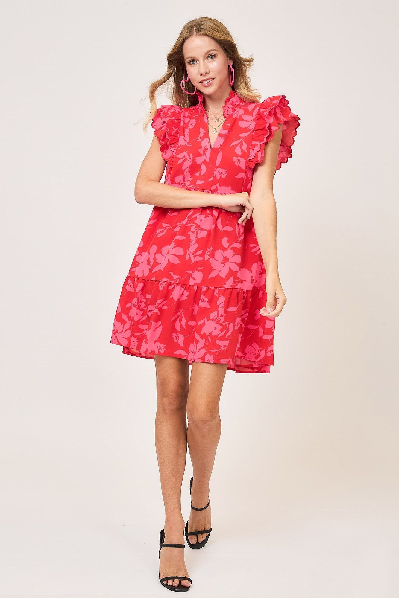 UMGEE - Red Floral Print Ruffled Cap Sleeve Mini Dress