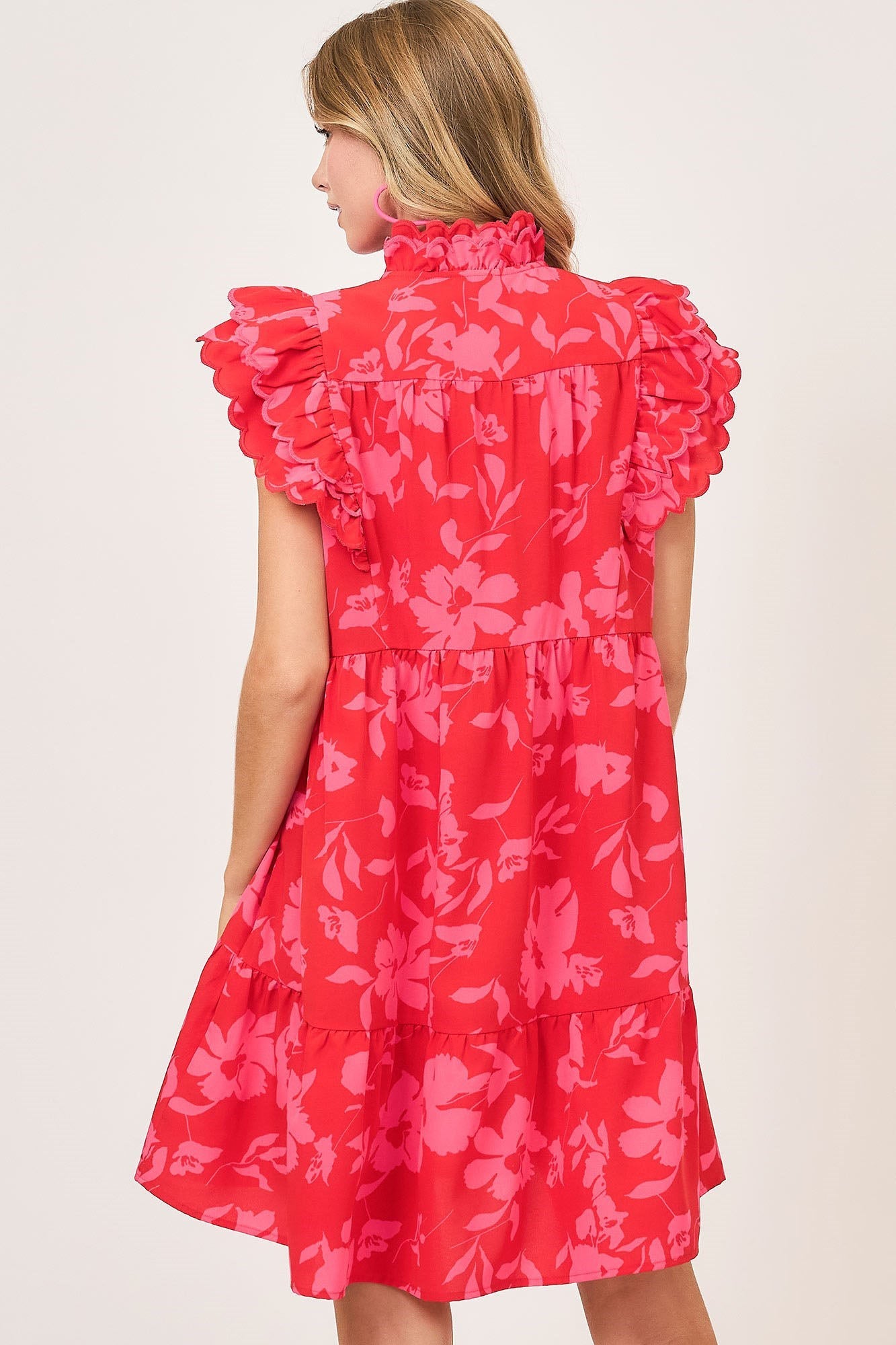 UMGEE - Red Floral Print Ruffled Cap Sleeve Mini Dress