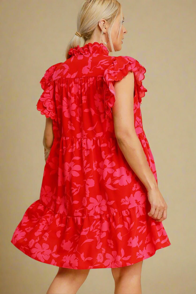 UMGEE - Red Floral Print Ruffled Cap Sleeve Mini Dress