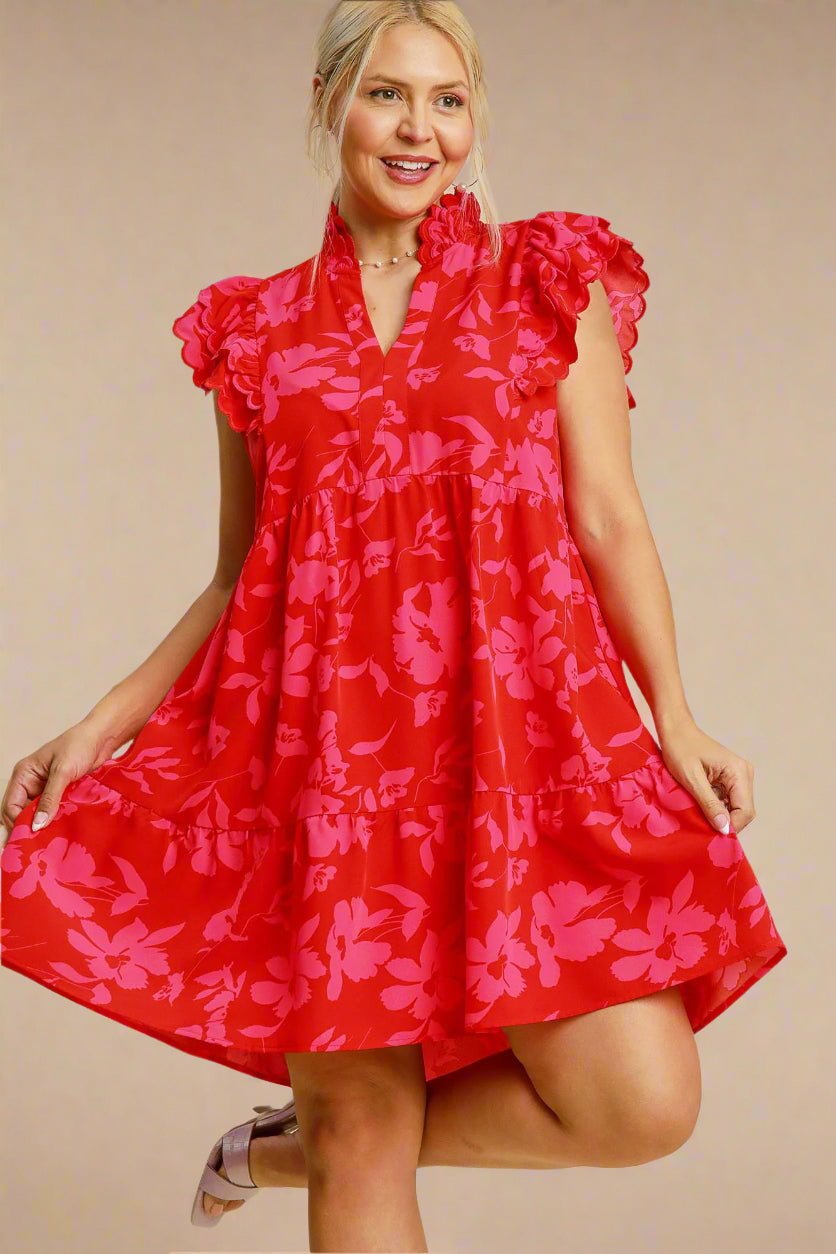UMGEE - Red Floral Print Ruffled Cap Sleeve Mini Dress