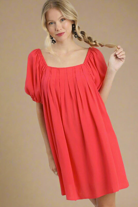 UMGEE - Red Pleated Puff Sleeve Babydoll Dress