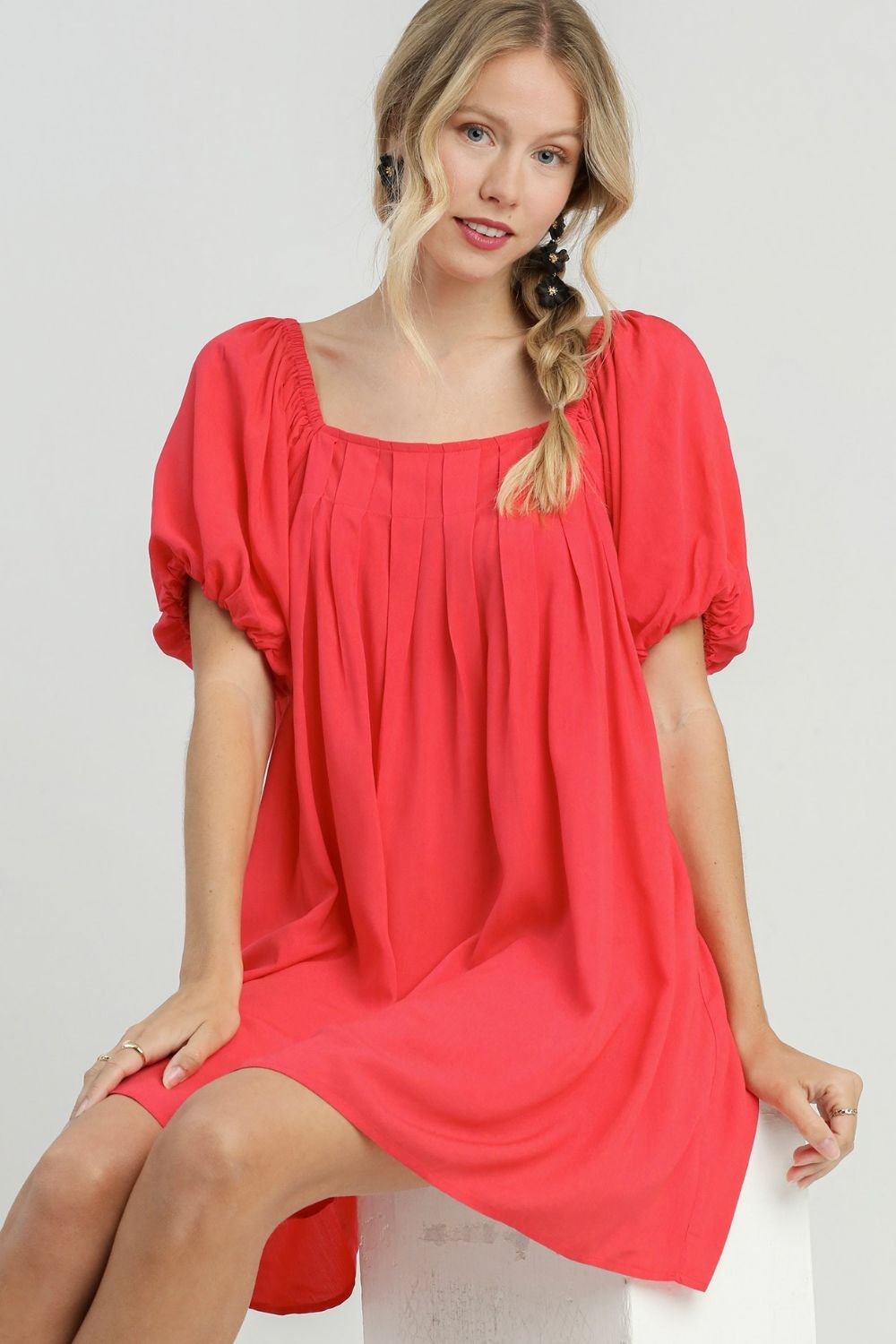 UMGEE - Red Pleated Puff Sleeve Babydoll Dress