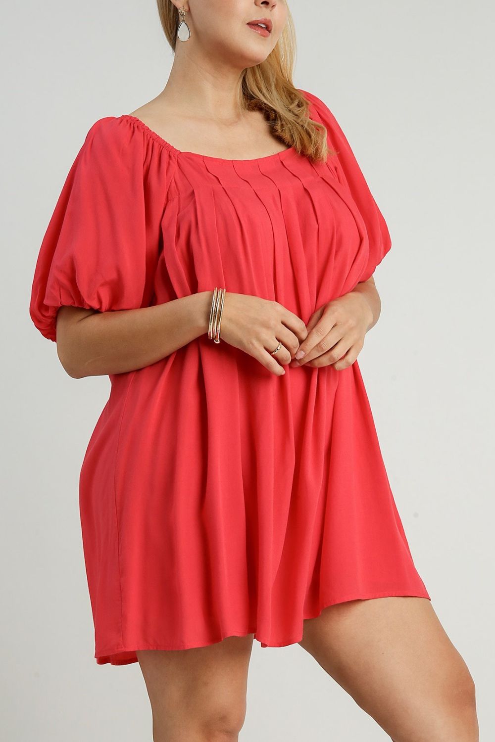 UMGEE - Red Pleated Puff Sleeve Babydoll Dress