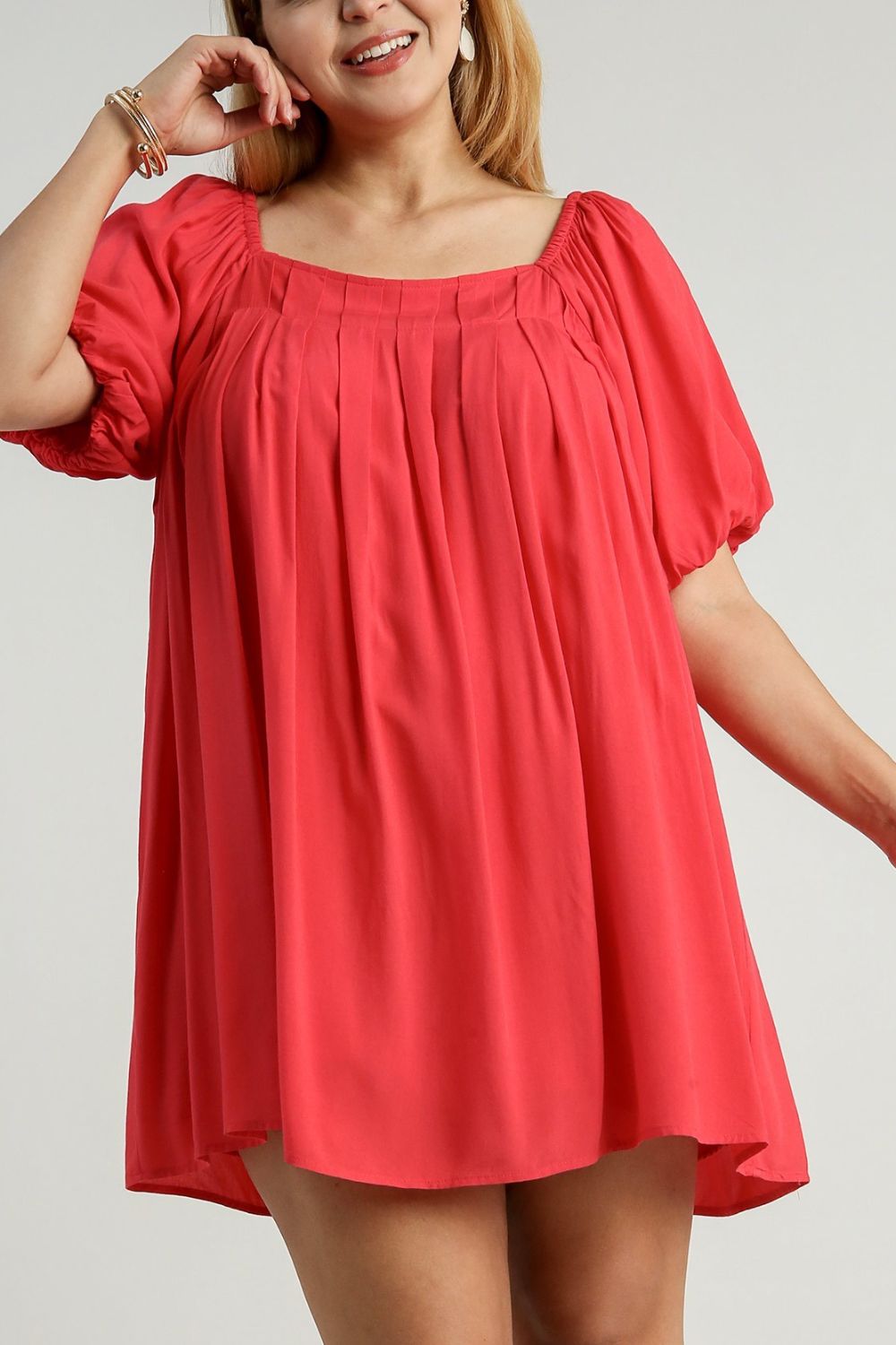 UMGEE - Red Pleated Puff Sleeve Babydoll Dress