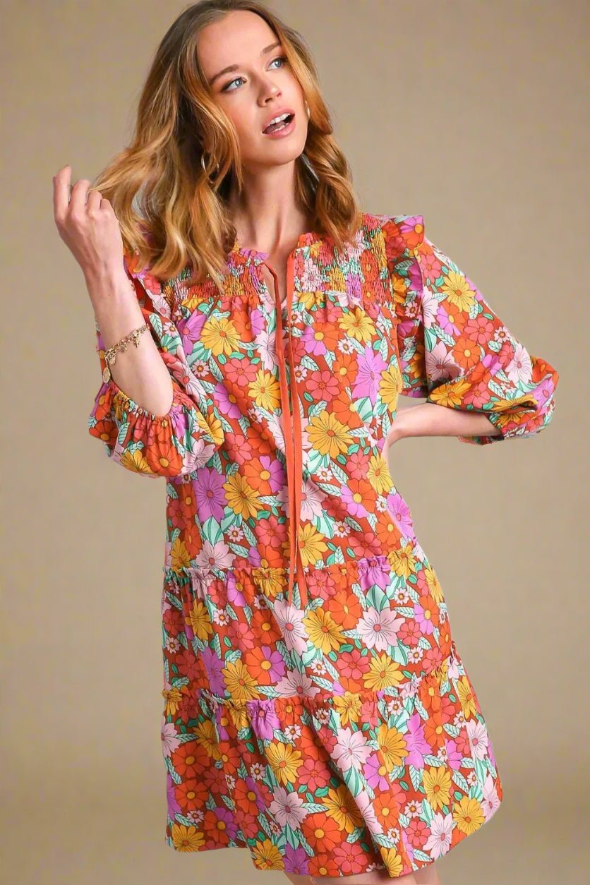 UMGEE - Retro Floral Smocked Mini Dress in Tangerine Mix